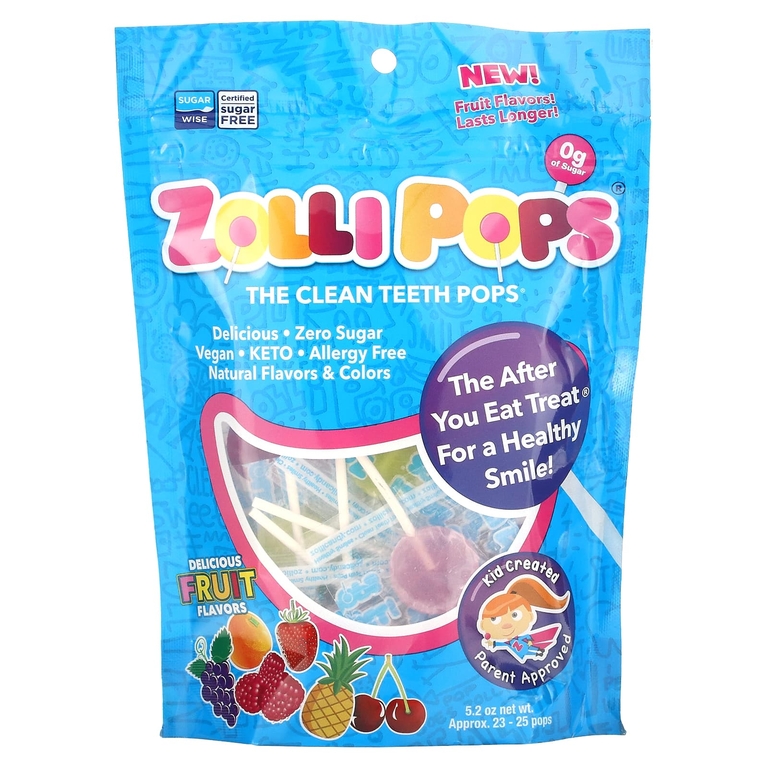 Zollipops, The Clean Teeth Pops, леденцы для чистки зубов, клубника, апельсин, малина, вишня, виноград, ананас, прибл. 23–25 леденцов ZolliPops, 147 г (5,2 унции)