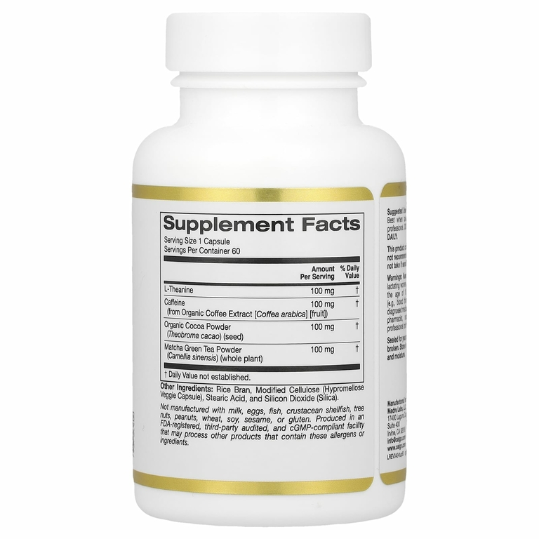 California Gold Nutrition, TheanineUP, сфокусированная энергия, L-теанин и кофеин, 60 растительных капсул