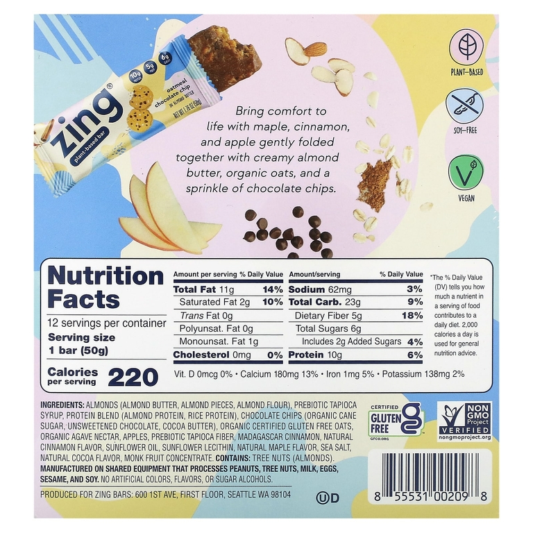 Zing Bars, растительный батончик, овсянка с шоколадной крошкой в миндальной пасте, 12 батончиков по 50 г (1,76 унции)
