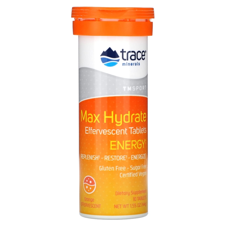 Trace Minerals ®, TM Sport, Max-Hydrate Energy, шипучие таблетки для повышения уровня энергии, со вкусом апельсина, 8 туб, по 10 таблеток в каждом