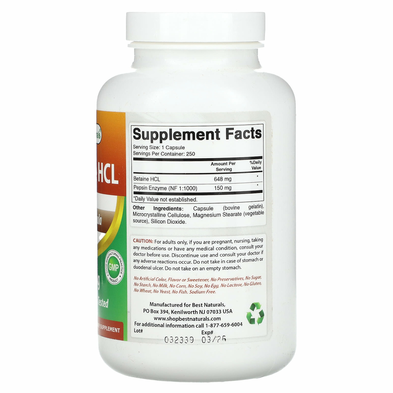 Best Naturals, Бетаина гидрохлорид, 648&nbsp;мг, 250&nbsp;капсул