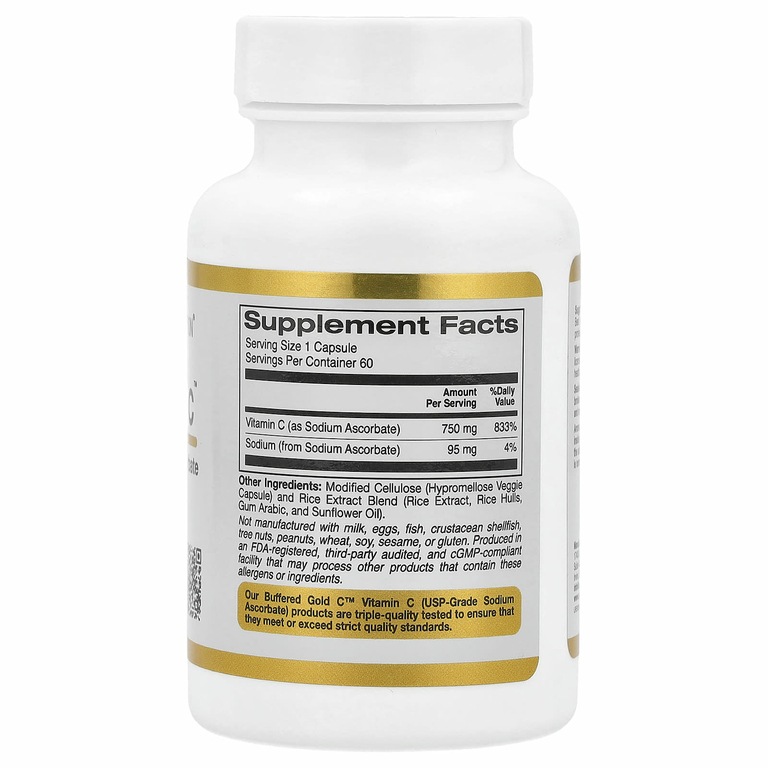 California Gold Nutrition, Gold C, GOLD Standard, буферизованный витамин C, аскорбат натрия, 750 мг, 60 растительных капсул