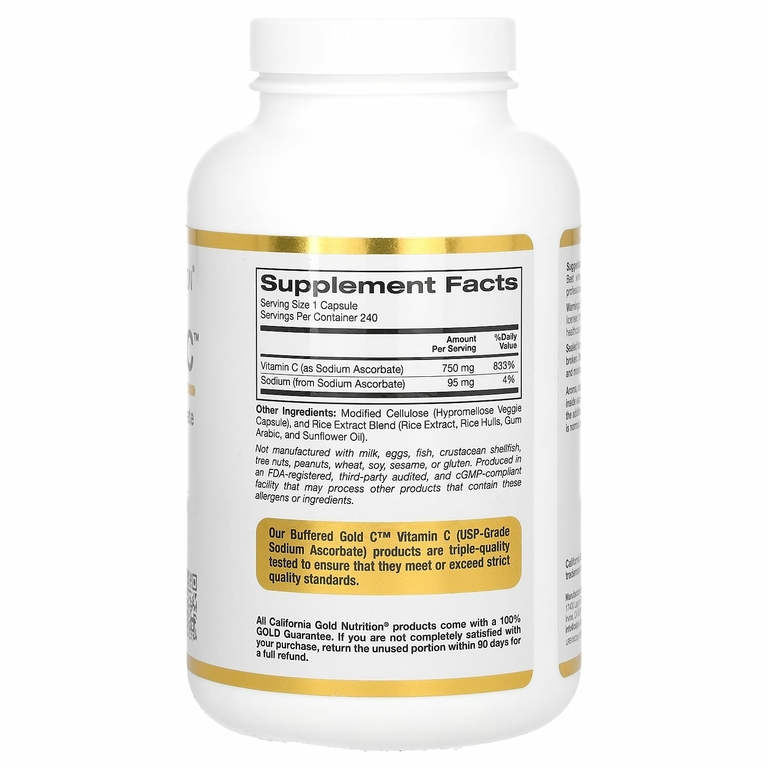 California Gold Nutrition, Gold C, GOLD Standard, буферизованный витамин C, аскорбат натрия, 750 мг, 240 растительных капсул
