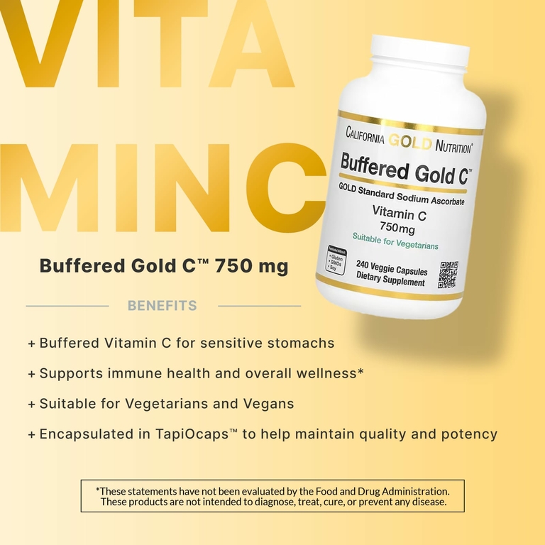 California Gold Nutrition, Gold C, GOLD Standard, буферизованный витамин C, аскорбат натрия, 750 мг, 240 растительных капсул