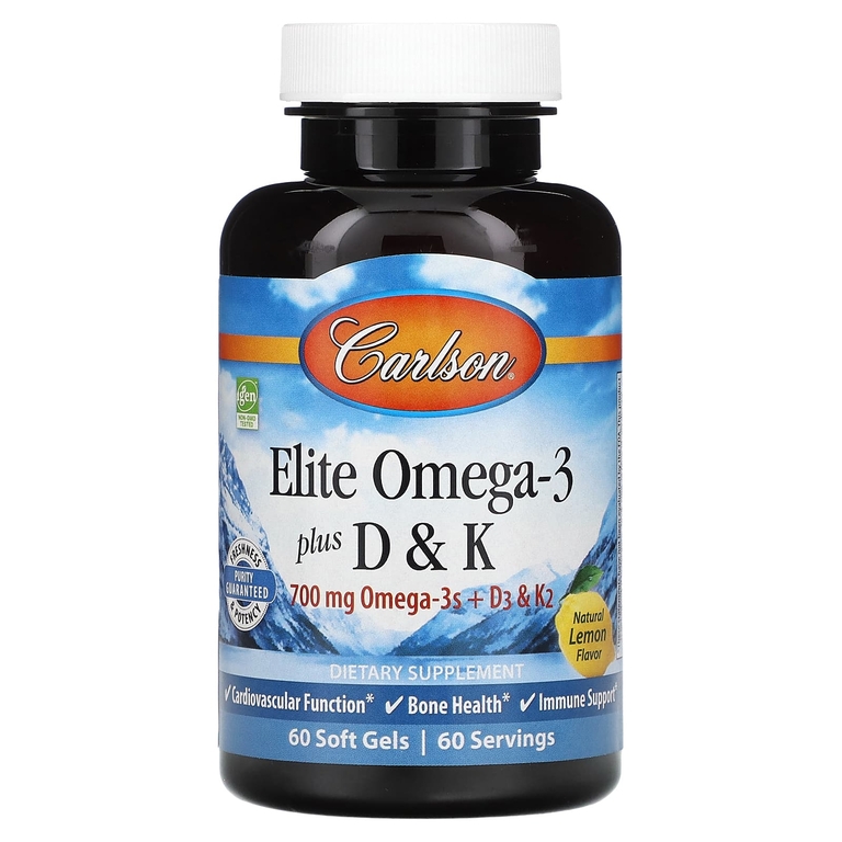 Carlson, Elite Omega-3 с витаминами D и K, натуральный вкус лимона, 60 мягких таблеток