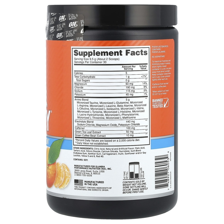 Optimum Nutrition, ESSENTIAL AMIN.O. ENERGY + ELECTROLYTES, Tangerine Wave, 285 г (10,05 унции)