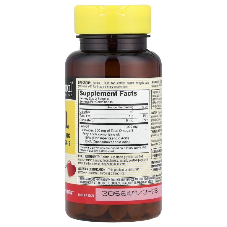 Mason Natural, рыбий жир без отрыжки, 90 капсул (500 мг в 1 капсуле)