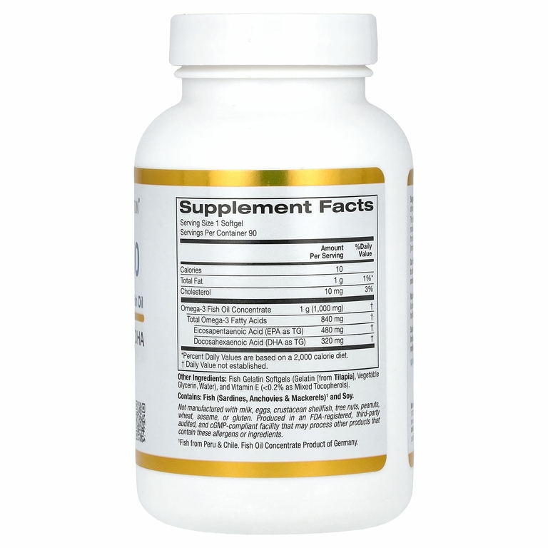 California Gold Nutrition, омега 800, ультраконцентрированный рыбий жир с омега-3, в форме триглицеридов KD-Pur, 1000 мг, 90 капсул из рыбьего желатина