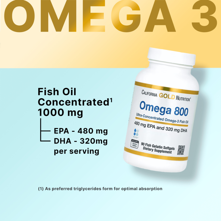 California Gold Nutrition, омега 800, ультраконцентрированный рыбий жир с омега-3, в форме триглицеридов KD-Pur, 1000 мг, 90 капсул из рыбьего желатина