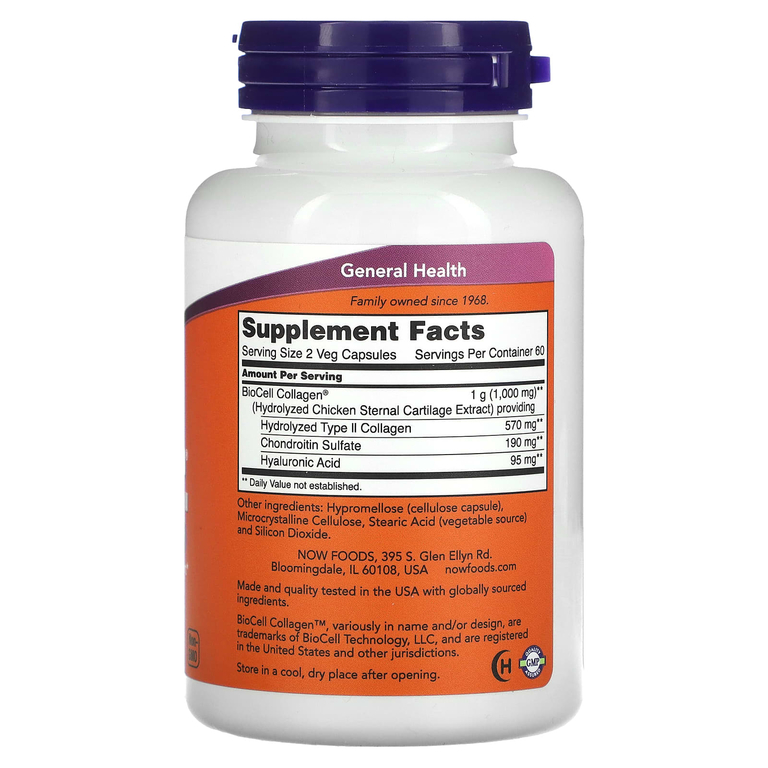NOW Foods, BioCell Collagen, гидролизованный тип 2, 120 растительных капсул