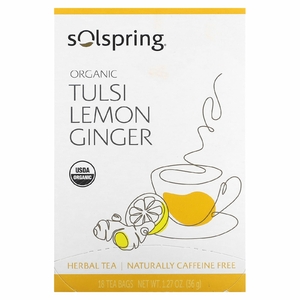 Dr. Mercola, Solspring, органический травяной чай, тулси, лимон и имбирь, без кофеина, 18 чайных пакетиков, 36 г (1,27 унции)