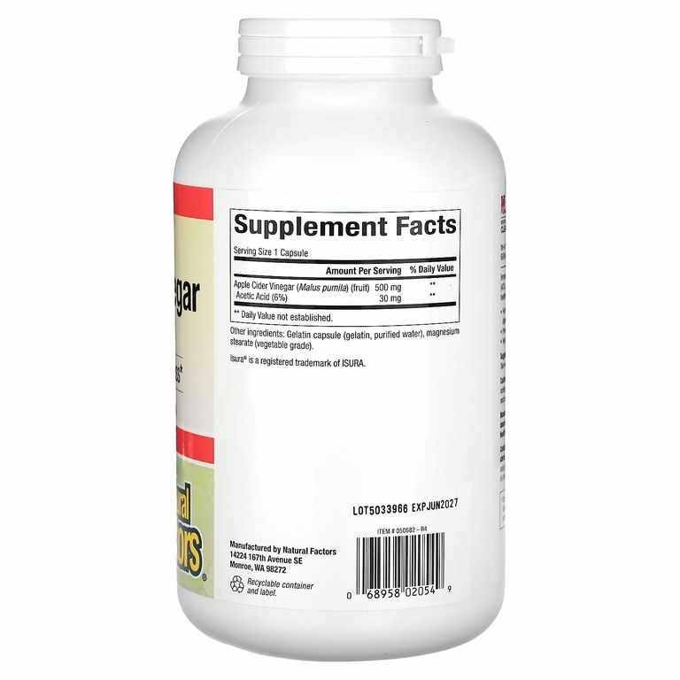 Natural Factors, Яблочный уксус, 500 мг, 360 капсул