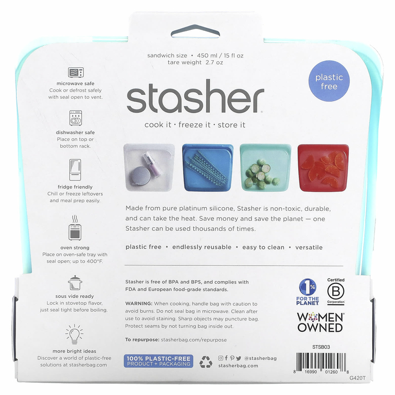 Stasher, Aqua, многоразовый силиконовый контейнер для еды, удобный размер для бутербродов, средний, 450 мл (15 жидк. унций)