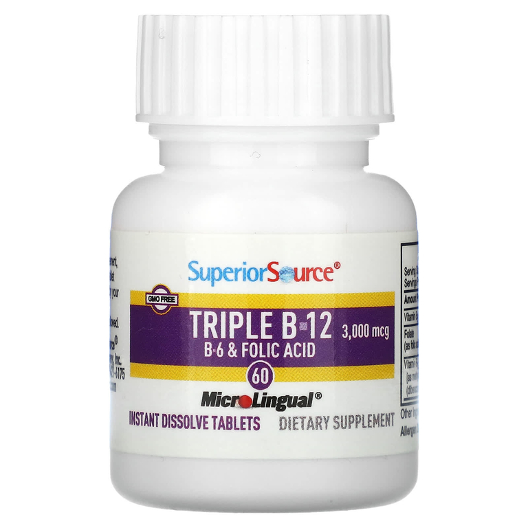 Superior Source, Triple B-12, B-6, фолиевая кислота, 60 быстрорастворимых таблеток MicroLingual