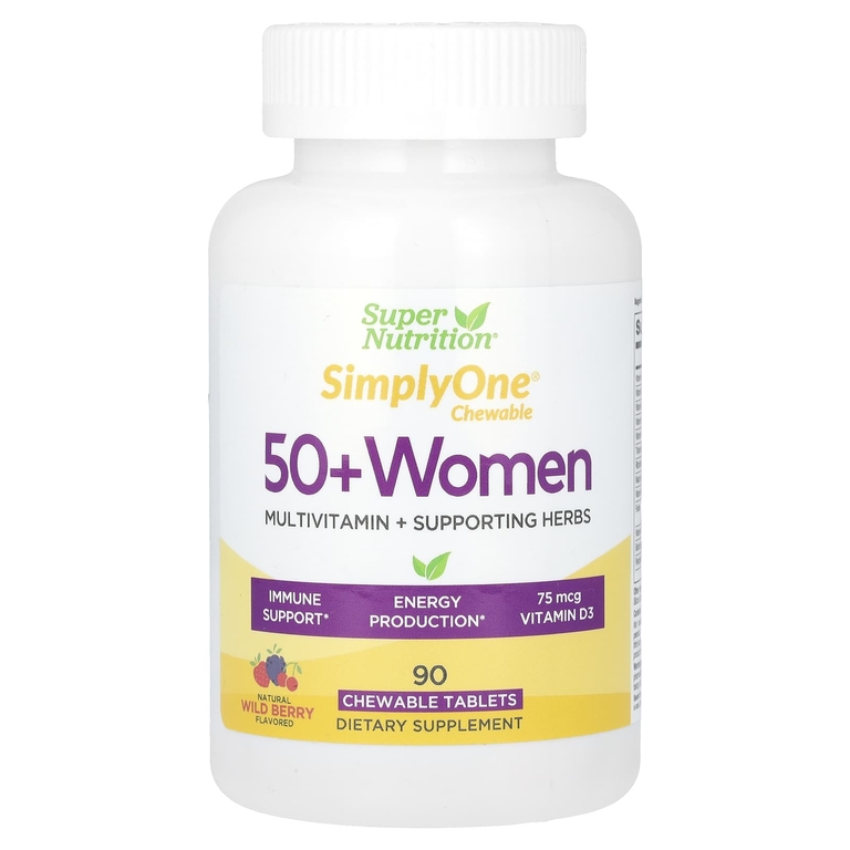 Super Nutrition, SimplyOne, мультивитамины и полезные травы для женщин старше 50 лет, вкус лесных ягод, 90 жевательных таблеток