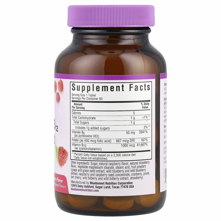 Bluebonnet Nutrition, Earth Sweet, жевательные таблетки с витаминами B6, B12 и фолиевой кислотой, со вкусом малины, 60 жевательных таблеток