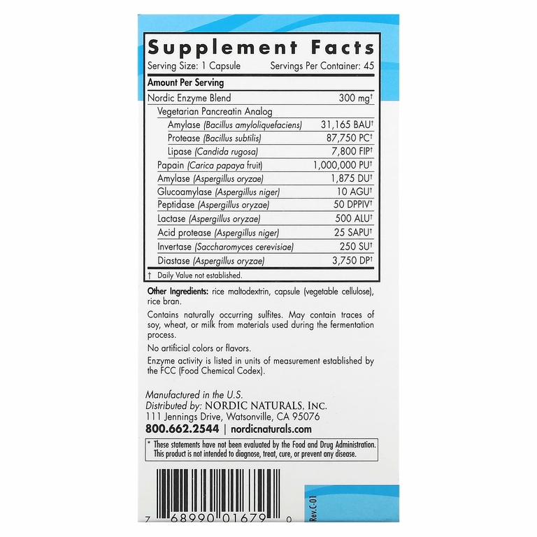 Nordic Naturals, Nordic Flora, пищеварительные ферменты, 45 капсул