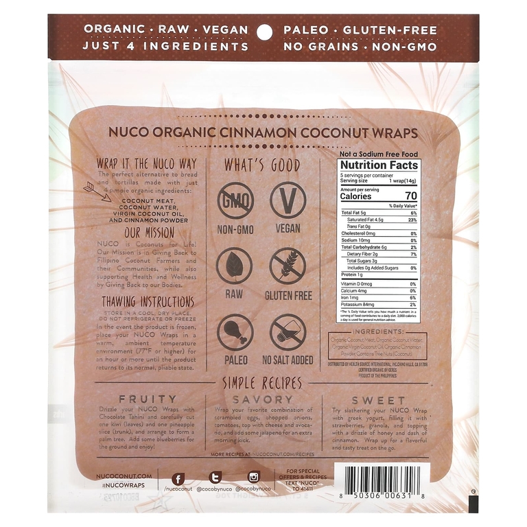 NUCO, Органические кокосовые лепешки, корица, 5 шт. (14 г) каждая