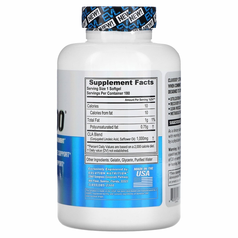 EVLution Nutrition, CLA1000, добавка для коррекции веса без стимуляторов, 180 капсул
