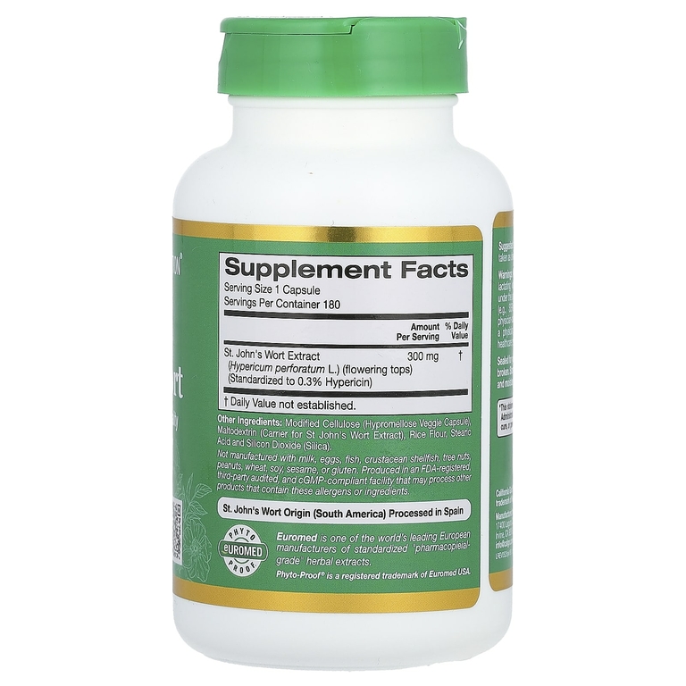 California Gold Nutrition, EuroHerbs, экстракт зверобоя, качество Euromed, 300 мг, 180 растительных капсул