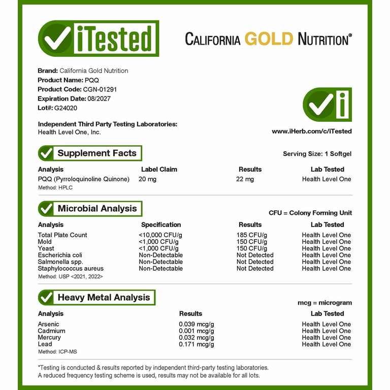 California Gold Nutrition, пирролохинолинхинон, 20 мг, 30 растительных капсул