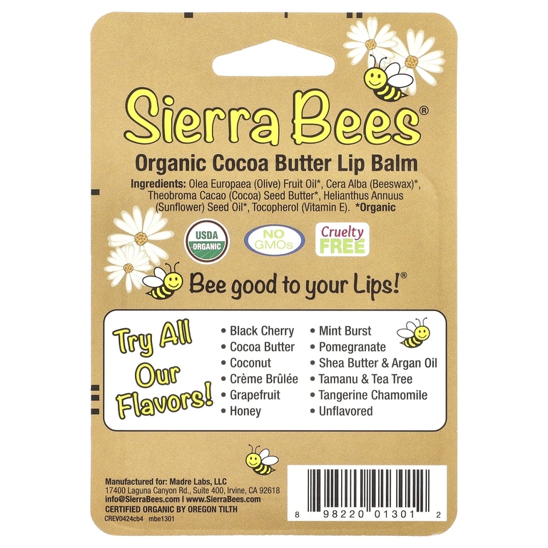 Sierra Bees, Органические бальзамы для губ, какао-масло, 4 штуки в упаковке весом 0,15 унции (4,25 г) каждая