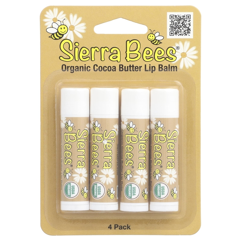Sierra Bees, Органические бальзамы для губ, какао-масло, 4 штуки в упаковке весом 0,15 унции (4,25 г) каждая
