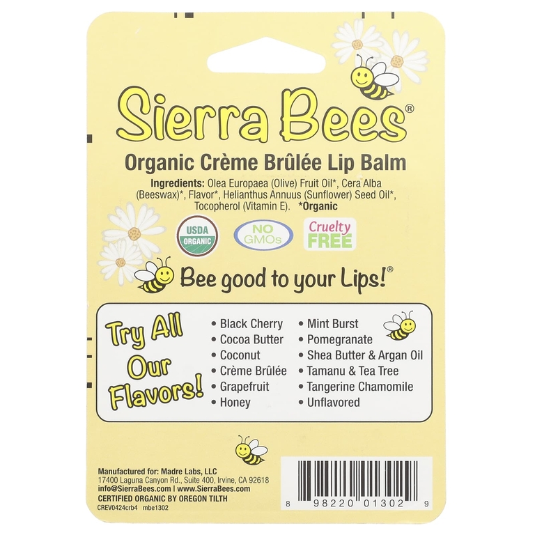 Sierra Bees, органический бальзам для губ, крем-брюле (ваниль), 4 шт. по 4,25 г (0,15 унции) в упаковке