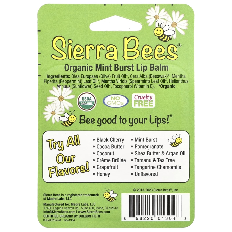 Sierra Bees, Органические бальзамы для губ, мятный взрыв, 4 штуки в упаковке весом 0,15 унции (4,25 г) каждая