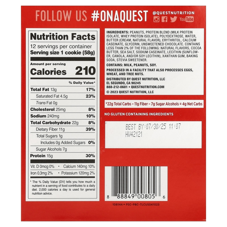 Quest Nutrition, Protein Cookie, арахисовая паста с шоколадной крошкой, 12 печений, 58 г (2,04 унции)