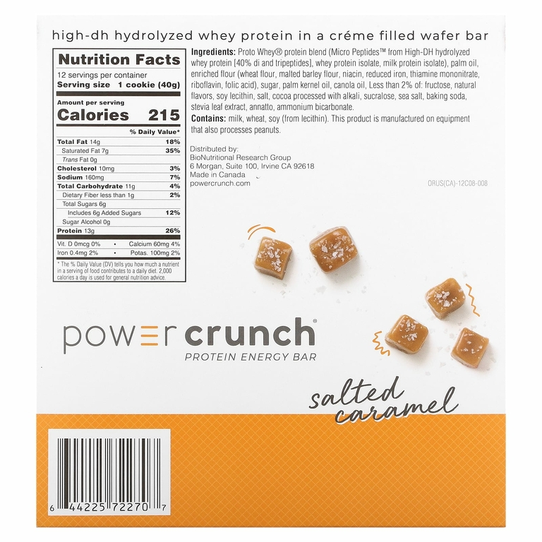 BNRG, Протеиновый энергетический батончик Power Crunch, оригинальная рецептура, соленая карамель, 12 батончиков, 40 г каждый