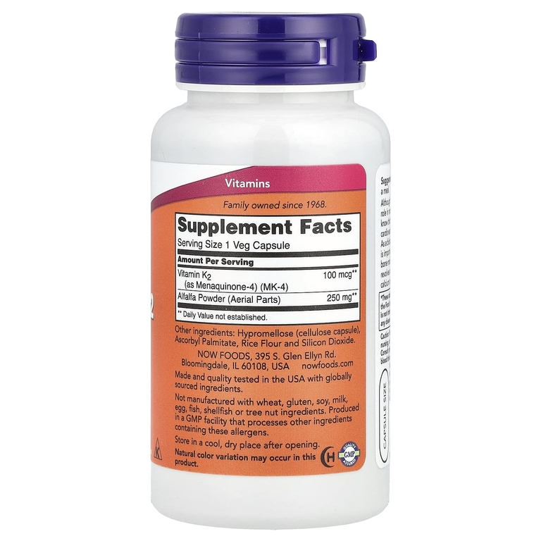 NOW Foods, Витамин K2, 100 мкг, 100 растительных капсул