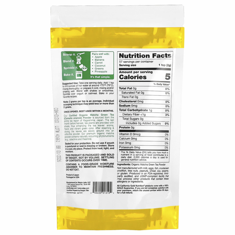 California Gold Nutrition, Superfoods, органический зеленый чай матча в порошке, 114 г (4 унции)