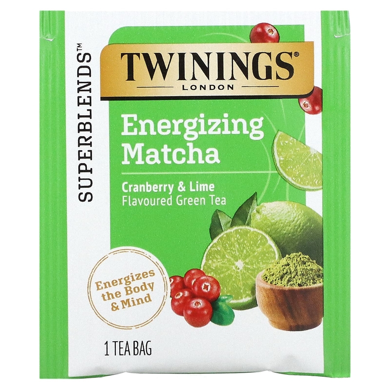 Twinings, бодрящий зеленый чай с матчей, клюквой и лаймом, 18 чайных пакетиков, 36 г (1,27 унции)