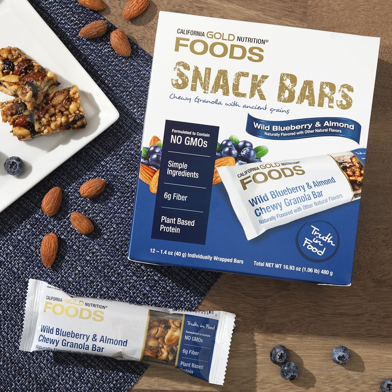 California Gold Nutrition, Foods, жевательные батончики-мюсли с дикой голубикой и миндалем, 12 шт. по 40 г (1,4 унции)