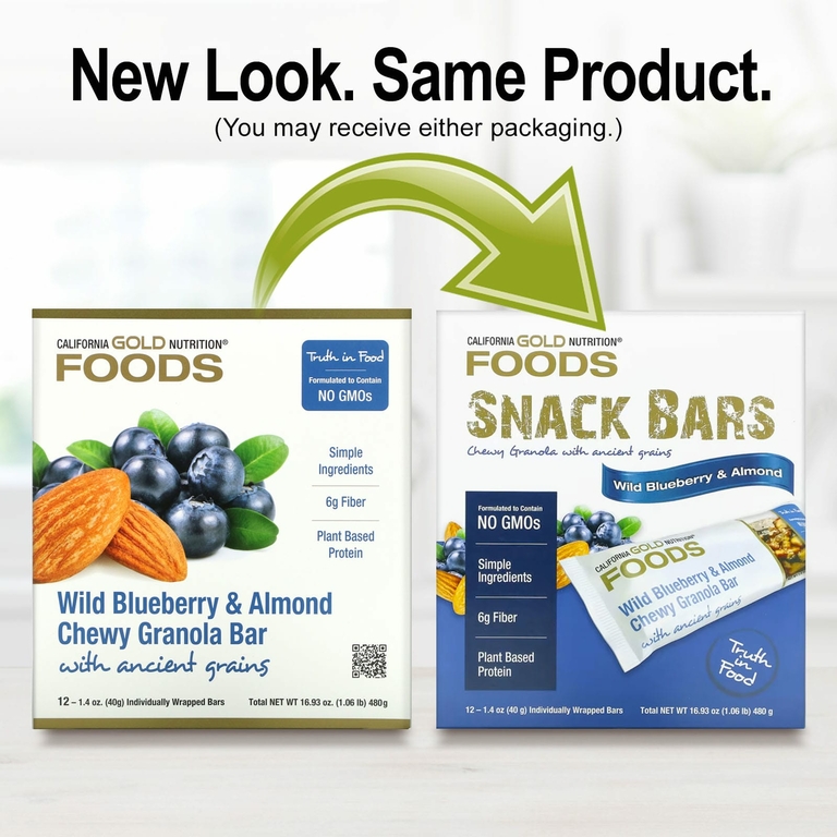 California Gold Nutrition, Foods, жевательные батончики-мюсли с дикой голубикой и миндалем, 12 шт. по 40 г (1,4 унции)