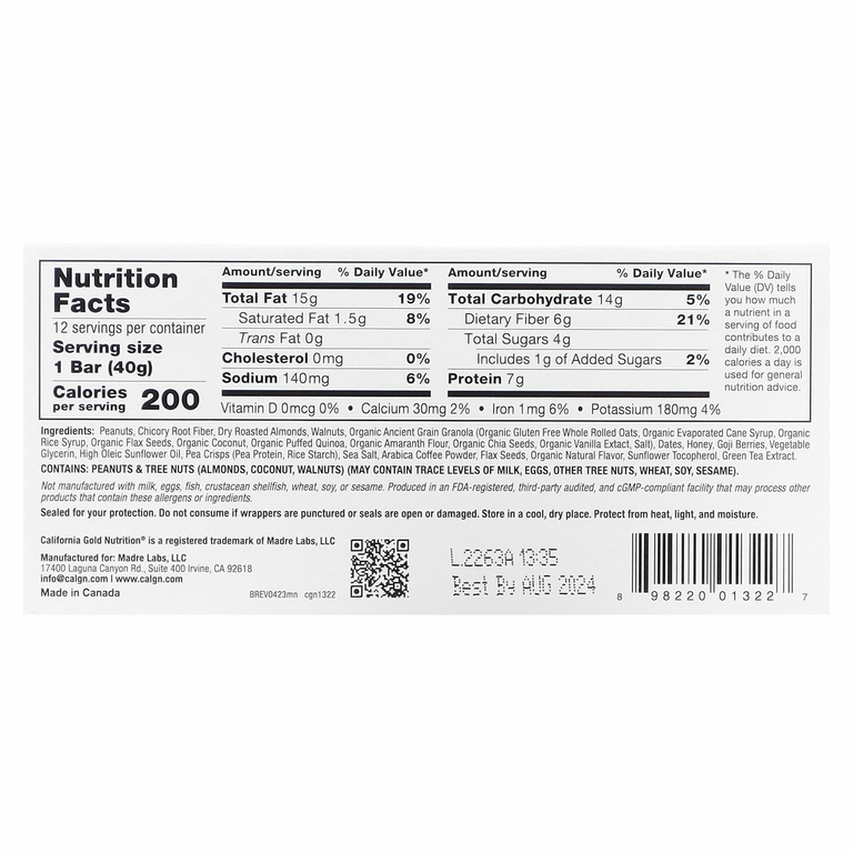 California Gold Nutrition, Foods, жевательные батончики из гранолы с мокко и орехами, 12 шт. по 40 г (1,4 унции)