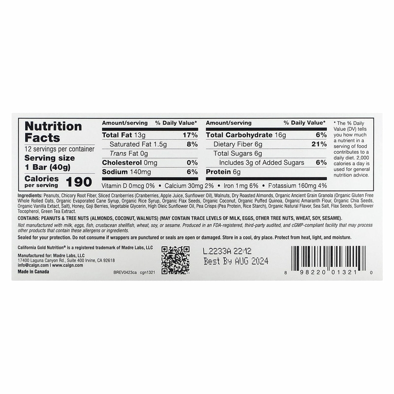 California Gold Nutrition, Foods, жевательные батончики из гранолы с клюквой и миндалем, 12 шт. по 40 г (1,4 унции)