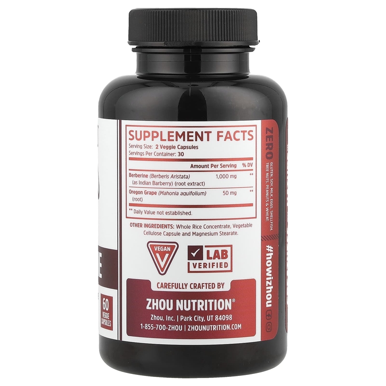 Zhou Nutrition, берберин с магонией падуболистной, 1000 мг, 60 растительных капсул (500 мг в 1 капсуле)