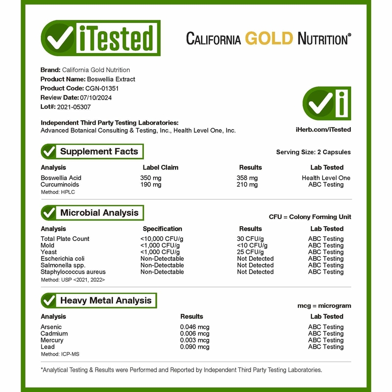 California Gold Nutrition, экстракт босвеллии, с экстрактом куркумы, 500 мг, 120 растительных капсул (250 мг в 1 капсуле)