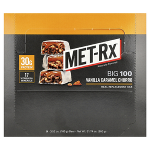 MET-Rx, Big 100, батончик для замены еды, чурро с ванилью и карамелью, 9 батончиков, 100 г (3,52 унции)