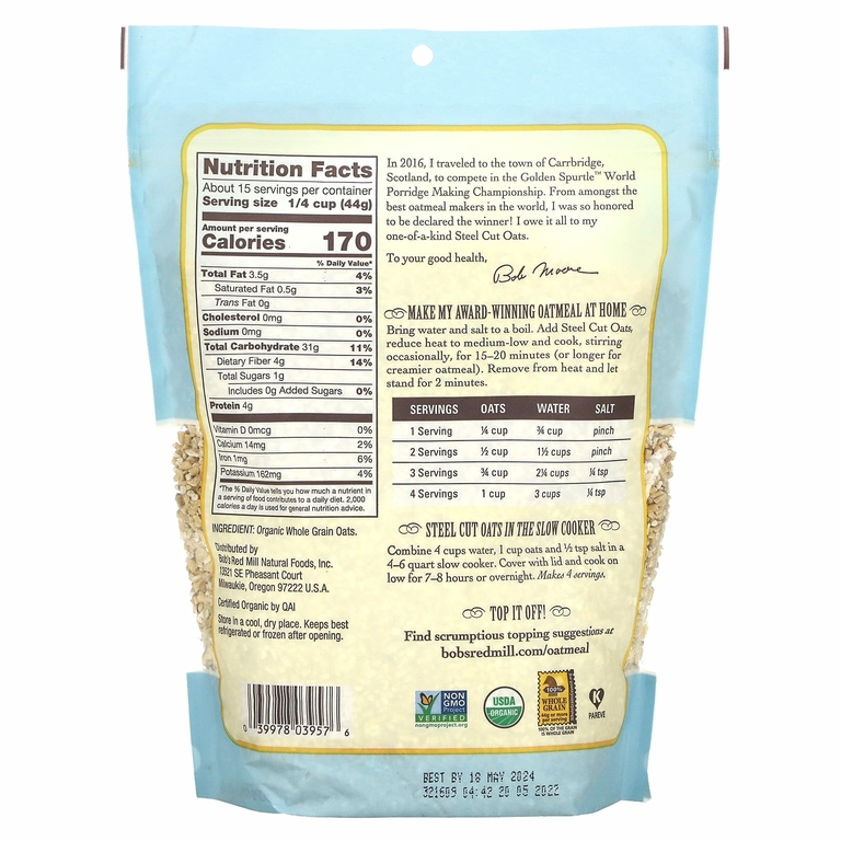 Bob's Red Mill, органический необработанный овес, цельное зерно, 680 г (24 унции)
