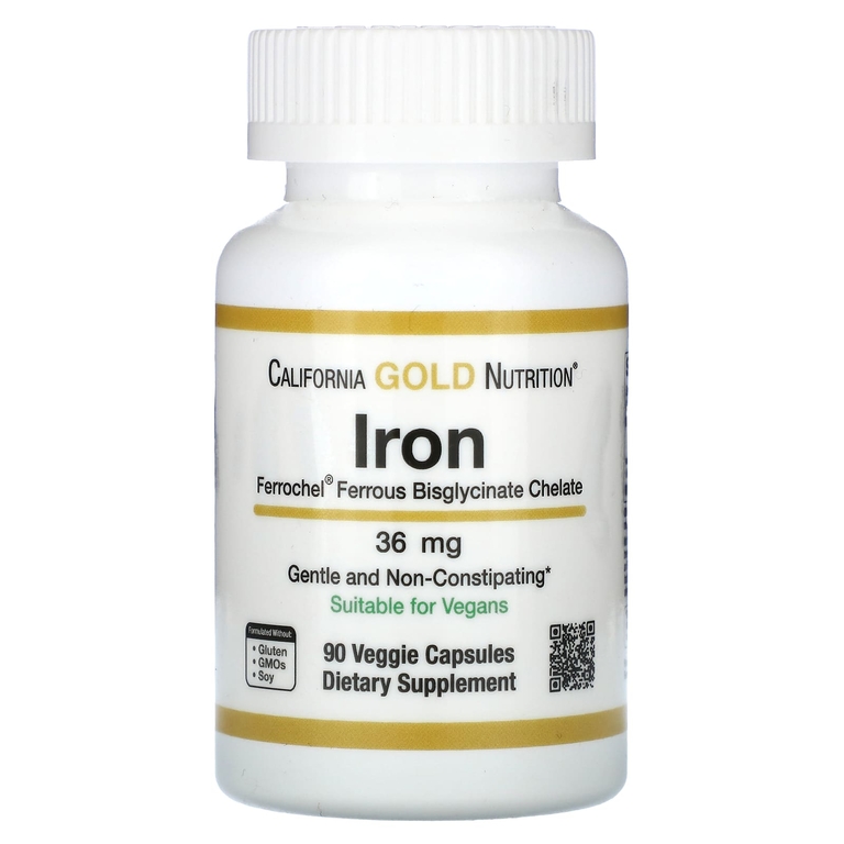 California Gold Nutrition, Ferrochel, железо (бисглицинат), 36 мг, 90 растительных капсул