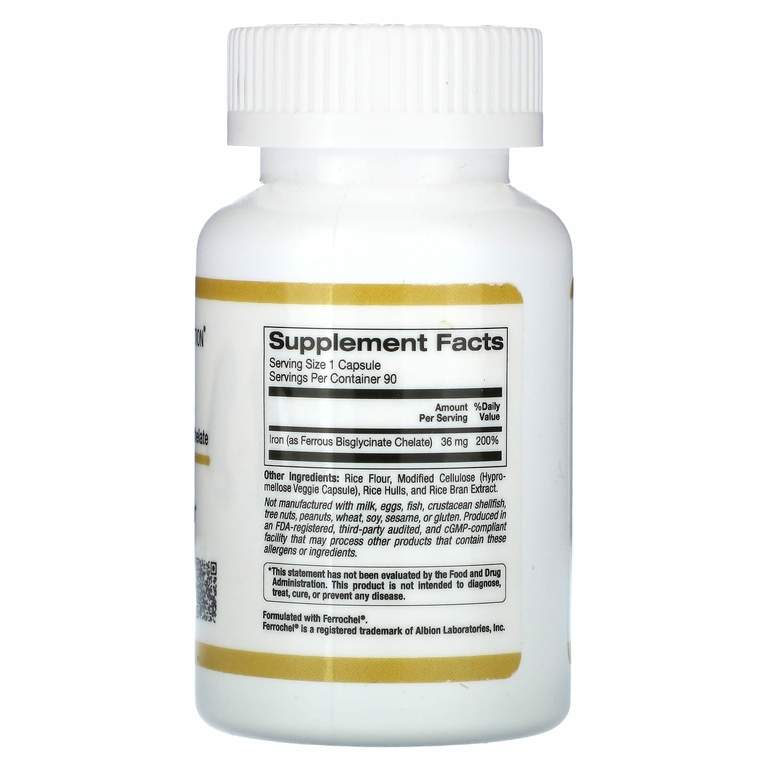 California Gold Nutrition, Ferrochel, железо (бисглицинат), 36 мг, 90 растительных капсул