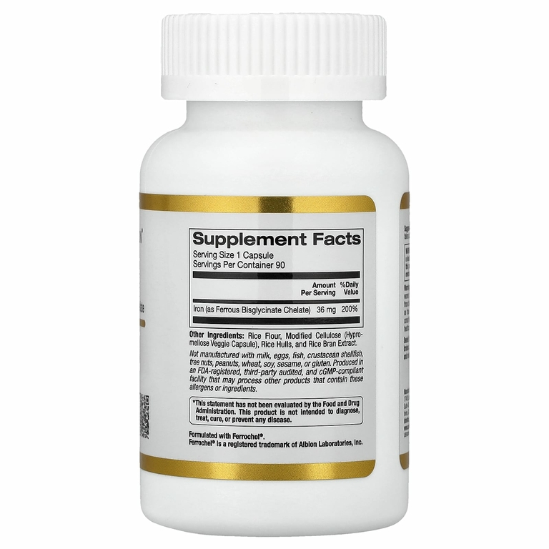 California Gold Nutrition, Ferrochel, железо (бисглицинат), 36 мг, 90 вегетарианских капсул