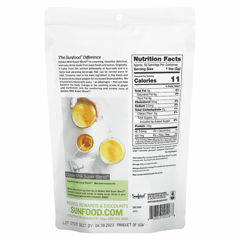 Sunfood, Органическая порошковая смесь Golden Milk Super Blend, 6 унций (168 г)