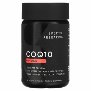 Sports Research, коэнзим Q10 класса USP с экстрактом BioPerine, 100 мг, 30 вегетарианских капсул