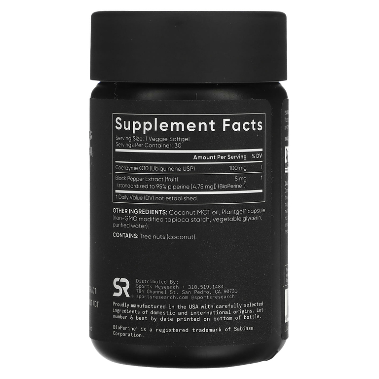 Sports Research, коэнзим Q10 класса USP с экстрактом BioPerine, 100 мг, 30 вегетарианских капсул