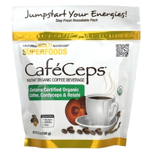 California Gold Nutrition, CafeCeps, сертифицированный органический растворимый кофе с порошком из грибов кордицепс и рейши, 100 г (3,5 унции)