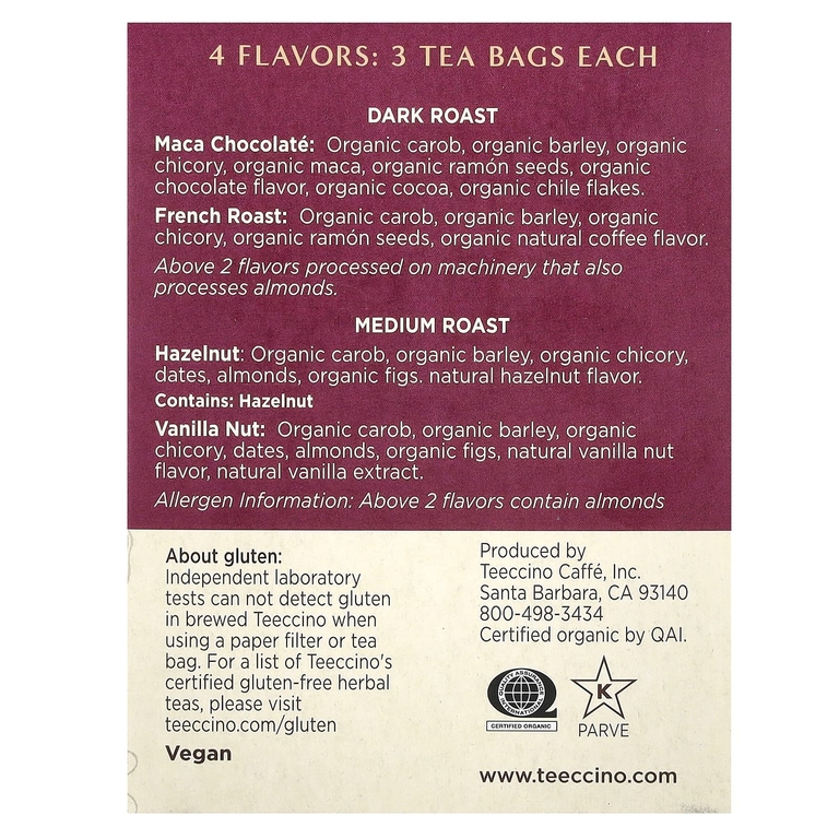 Teeccino, Пробник обжаренного травяного чая, 4 вкуса, без кофеина, 12 чайных пакетиков, 72 г (2,54 унции)